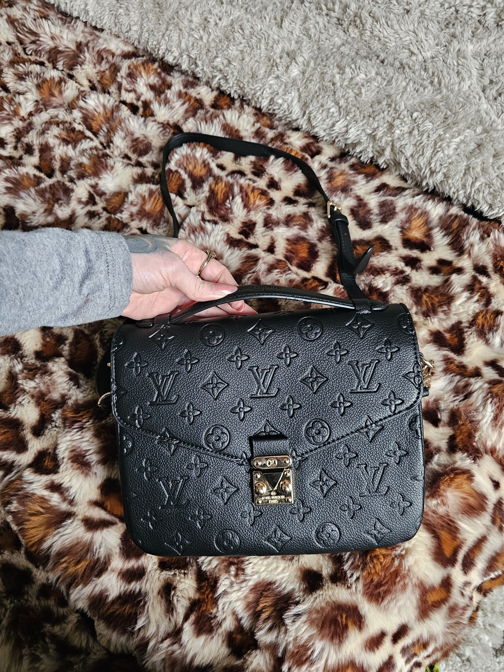 Louis Vuitton Black Embossed Monogram Shoulder Bag with Gold Hardware